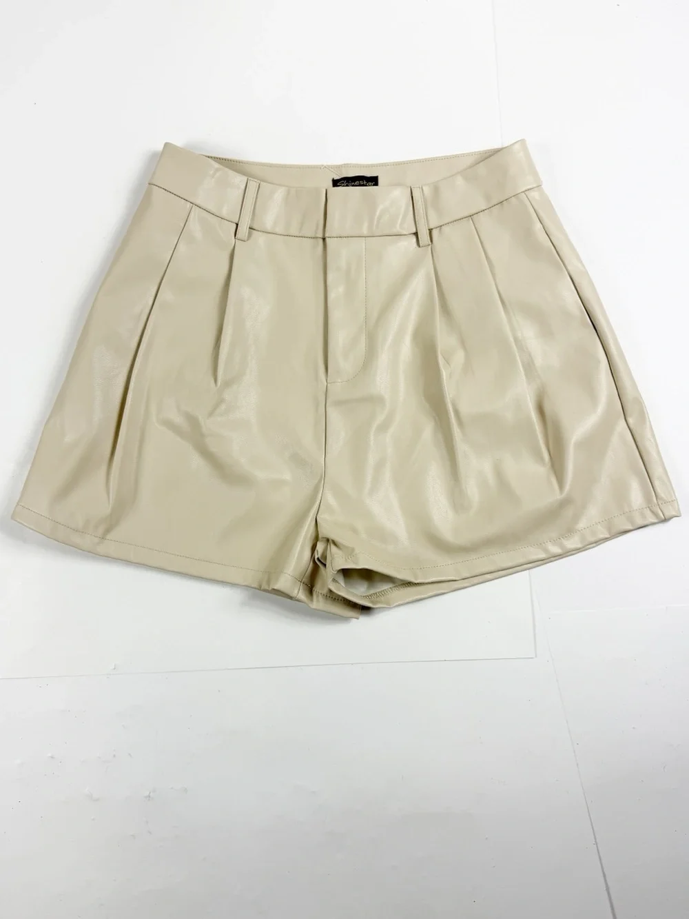 Shinestar Pleated Vegan Leather High-Waist‎ Shorts in Beige Medium